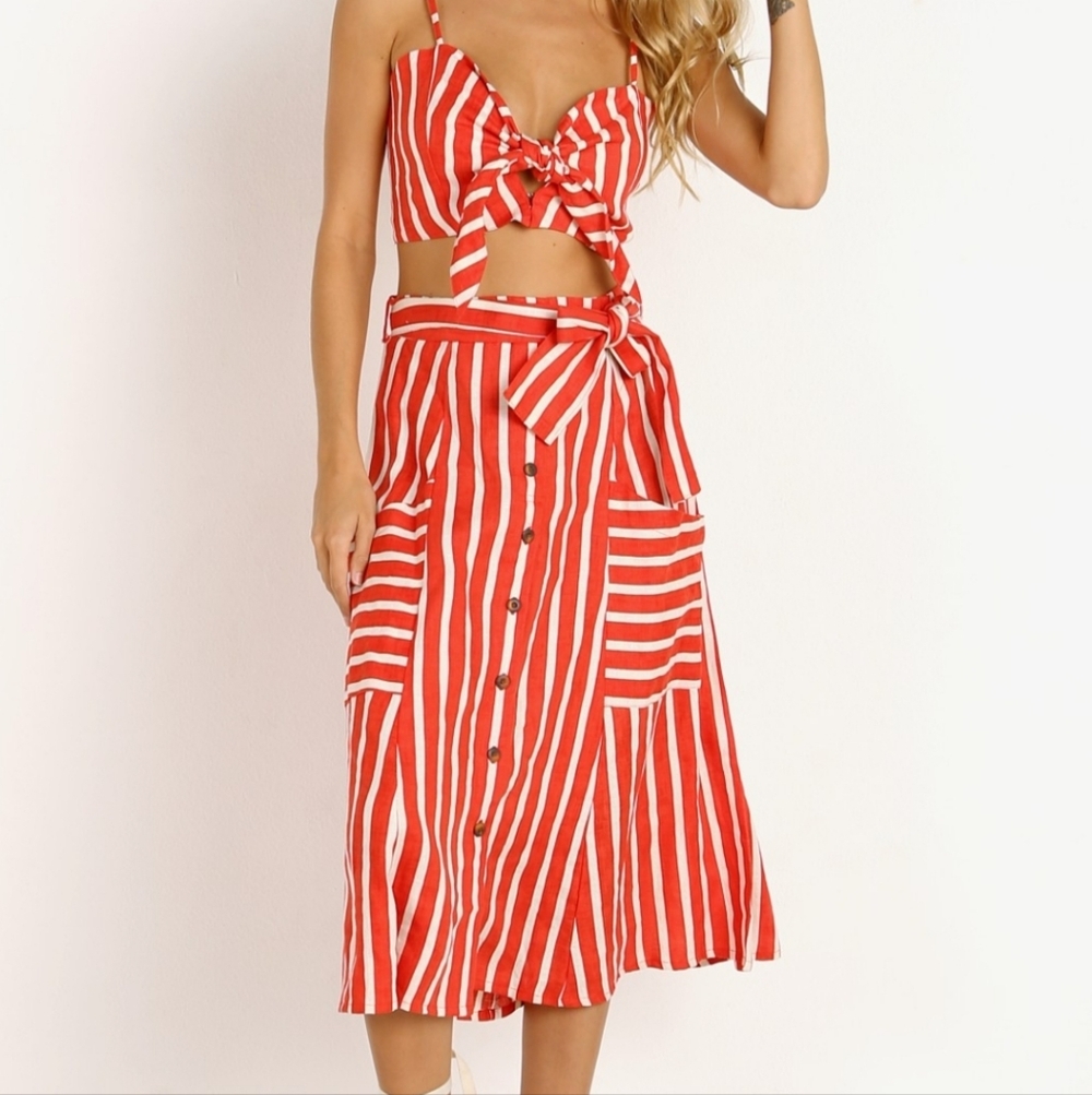Metrowear Red and White Linen Blend Striped Women's Skirt
